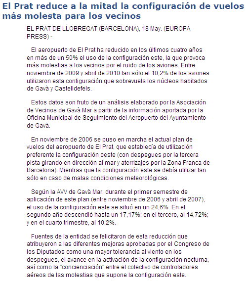 Notcia publicada per EUROPA PRESS sobre l'anlisi realitzat per l'AVV de Gav Mar sobre la reducci de la configuraci est a l'aeroport de Barcelona-El Prat